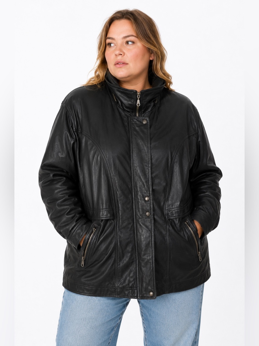 Sequence Black Genuine Leather Jacket Size 18 Vintage Zip Snap Coat missing hood